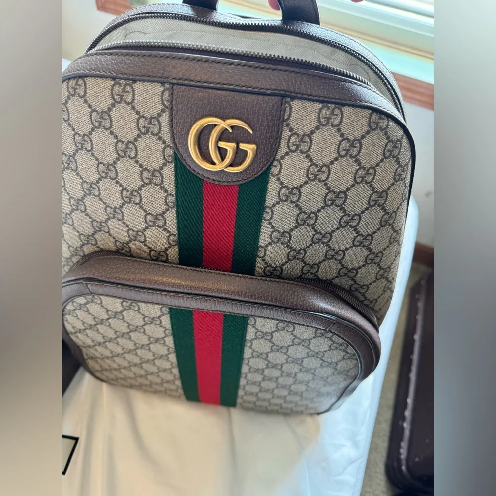 Gucci Beige GG Canvas Backpack with Brown Leather and Red/Green Web